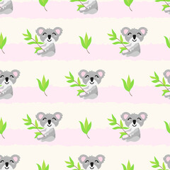 Vector seamless pattern with cute koalas and eucalyptus branches. Background in naive cartoon doodle with australian bear for paper, textile, texture, scrapbooking