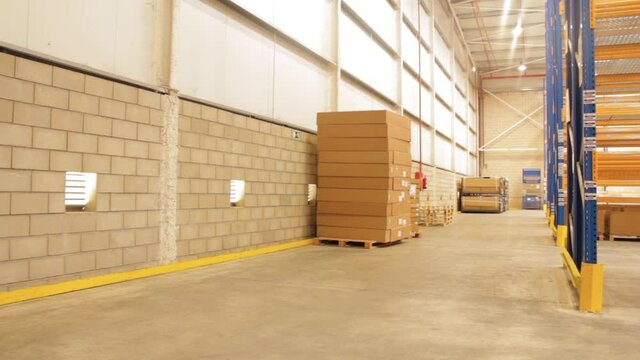 Timelapse of workers with pallet trucks in a warehouse