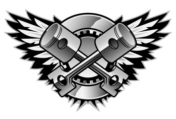Chrome Crossed Pistons and Wings Logo Isolated Vector Illustration 