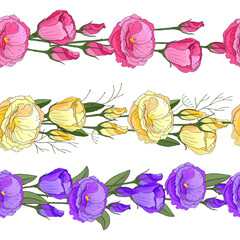 flowers isolated on white background. Decor elements and borders are made of flowers and stylized herbs. Seamless floral brush. Eustoma set