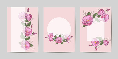 Set of cards with eustoma, leaves. Wedding invitation concept. Flower poster. Vector decorative greeting card or invitation. Background design.