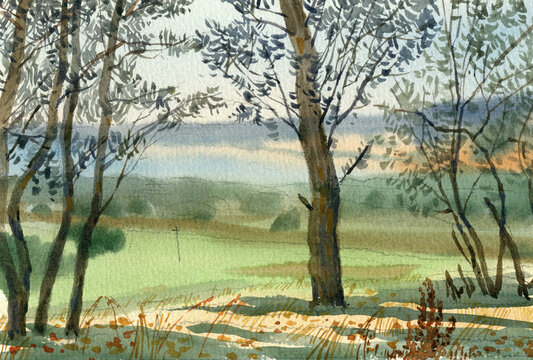 Watercolor landscape with trees and meadow.