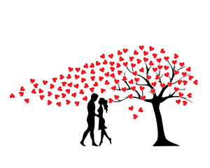 Plakat Couple Silhouettes standing near love tree, Vector. Man and woman silhouettes in relationship isolated on white background. Minimalist Scandinavian poster design. Wall Decals, Art Decor
