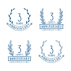 3 years anniversary logo collection. 3rd years anniversary celebration hand drawn logotype. Vector and illustration.
