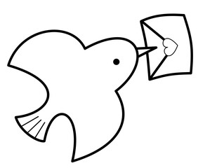 鳥線手紙ハート(線画)