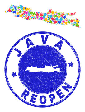 Celebrating Java Island map collage and reopening corroded watermark. Vector collage Java Island map is created with random stars, hearts, balloons.