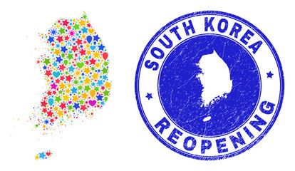 Celebrating South Korea map mosaic and reopening textured stamp seal. Vector mosaic South Korea map is created of scattered stars, hearts, balloons.