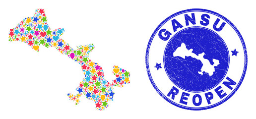 Celebrating Gansu Province map collage and reopening rubber stamp seal. Vector collage Gansu Province map is constructed of scattered stars, hearts, balloons.