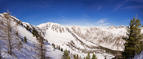 Scenic panorama of the canyon in winter at the ski resort of Isola 2000, France