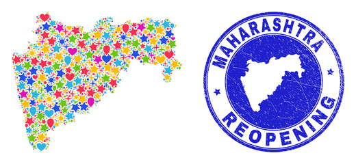 Celebrating Maharashtra State map mosaic and reopening rubber stamp. Vector mosaic Maharashtra State map is constructed with random stars, hearts, balloons.