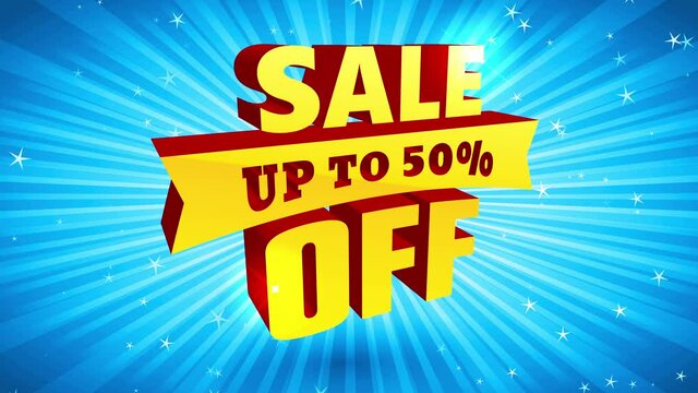sale lower offer promo with shiny 3d letters over blue radial radiate background suggesting high quality good