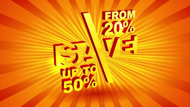 shiny sale announcement with 3d numbers and letters over sunburst background for special discount offer