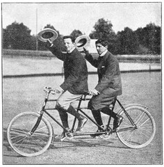 Paul Muendner and Willy Arend on the tandem. Illustration of the 19th century. White background. - obrazy, fototapety, plakaty