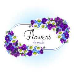 Vector banner with realistic flowers of purple viola, strawberry and forget-me-not. Floral wreath designed for wedding invitation, greeting card, cosmetic products and templates. Spring motive.