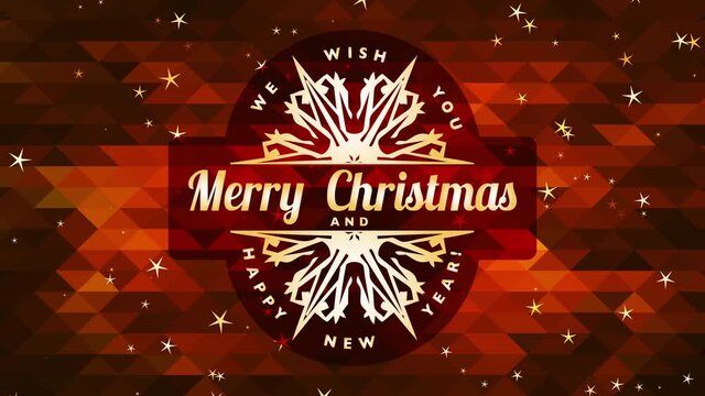 merry xmas laughing new period symbol with a snowflake with pointed spikes over crimson conceptual background with 3d polygons