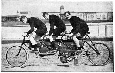 Motor Triplet Bicycle. Illustration of the 19th century. White background. - obrazy, fototapety, plakaty