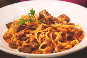 Tagliatelle Bodeguero is a hard-grained pasta wrapped in homemade roast ragu and juicy champignons.