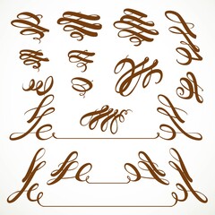 Set of calligraphic flourishes asymmetrical elements for design on a white background