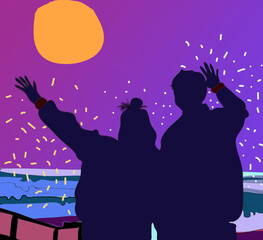 Rear view of a couple silhouette sitting cuddling and enjoying pointing at sun at sunset outside on the beach.couple of lovers watching sunset. illustration