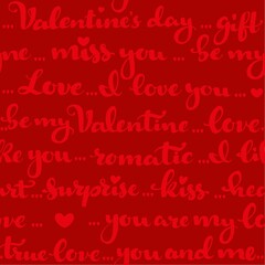 Seamless pattern of Valentines day greetings calligraphy on a red background