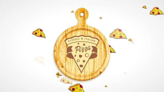 classical italian pizzeria icon with a pizza slice design engraved on a wooden clipping board sharing modern touch
