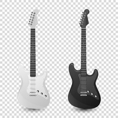 Obraz premium Vector 3d Realistic White and Black Classic Old Retro Electro Wooden Guitar Icon Set Closeup Isolated on Transparent Background. Design Templte, Mockup, Clipart. Musical Art Concept