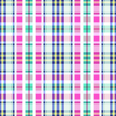 Seamless checkered pattern formed by cells and stripes of white, blue, pink and mint colors.  Great for decorating fabrics, textiles, gift wrapping, printed matter, interiors, advertising.