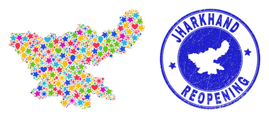 Celebrating Jharkhand State map collage and reopening corroded stamp seal. Vector collage Jharkhand State map is formed with randomized stars, hearts, balloons.