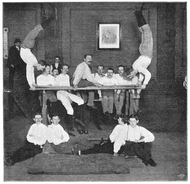 In the gym. Illustration of the 19th century. White background.