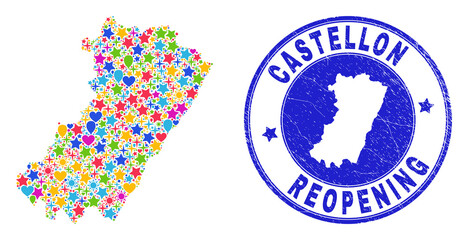 Celebrating Castellon Province map collage and reopening rubber stamp seal. Vector collage Castellon Province map is done with scattered stars, hearts, balloons.