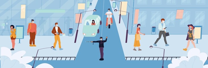 City dwellers policeman driver in mask on street