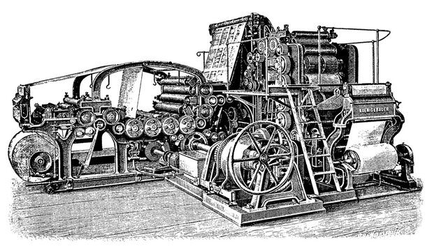 Newspaper rotation machine by Koenig & Bauer. Illustration of the 19th century. White background.