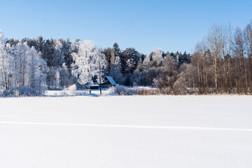 Snowy field with traces, trees at winter