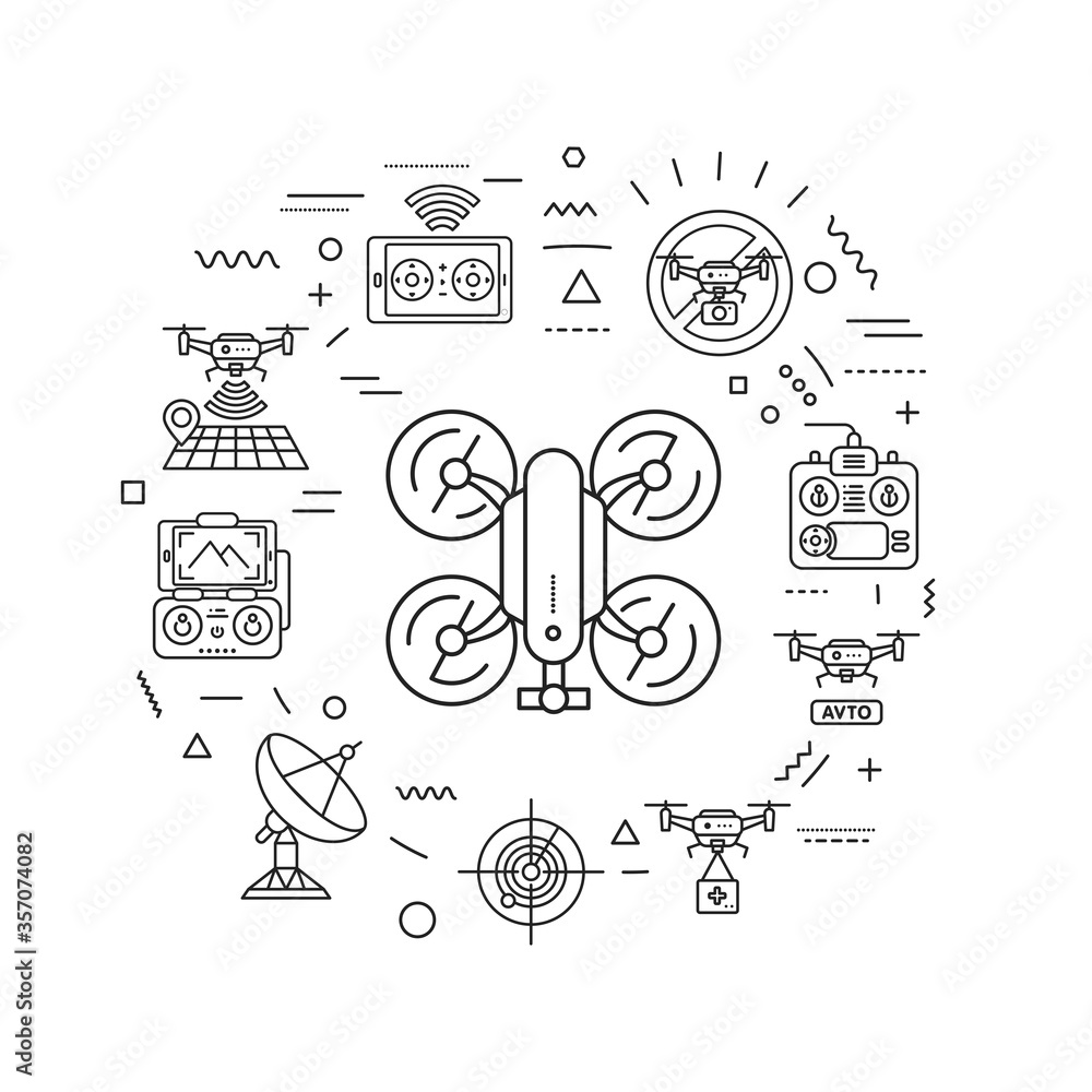Poster drone automatic unmanned control web banner. aircraft devices. infographics with linear icons on whi
