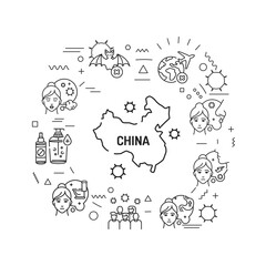 Wuhan Novel coronavirus 2019-nCoV web banner. Symptoms dangerous chinese virus. Infographics with linear icons on white background. Creative idea concept.