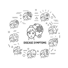 Disease symptoms web banner. Viral diseases, colds. Infographics with linear icons on white background. Creative idea concept. Isolated outline black illustration