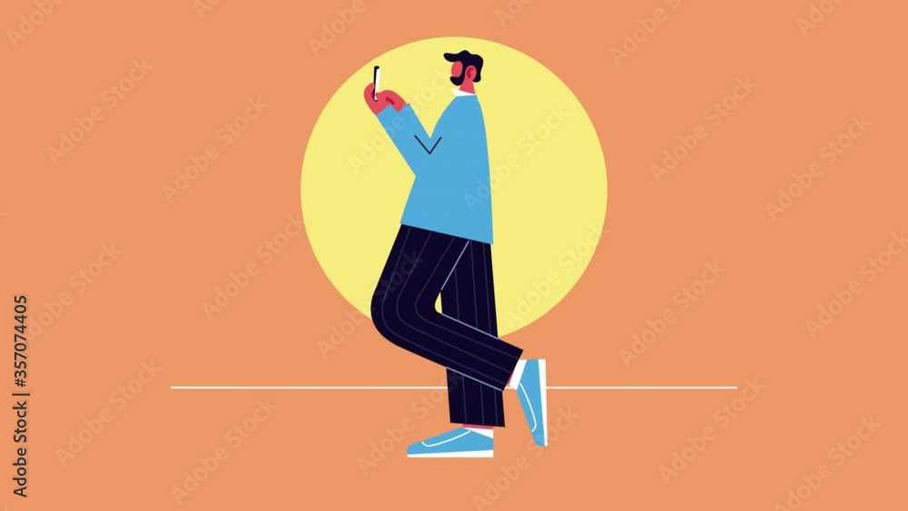 Poster man using smartphone working in home