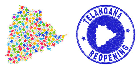 Celebrating Telangana State map mosaic and reopening rubber stamp seal. Vector mosaic Telangana State map is organized of randomized stars, hearts, balloons.
