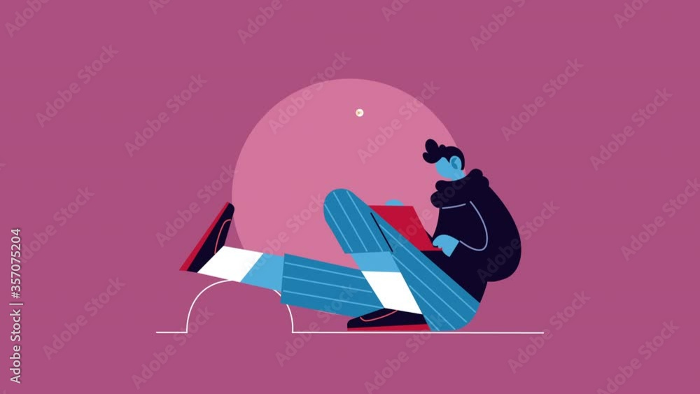 Poster man using laptop working in home