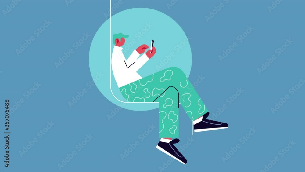 Poster man using smartphone working in home