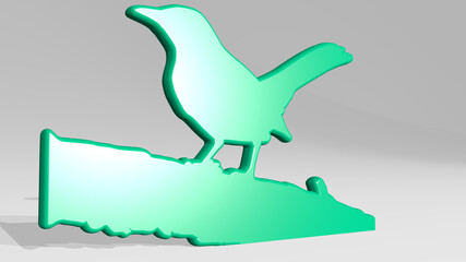 BIRD on the wall. 3D illustration of metallic sculpture over a white background with mild texture