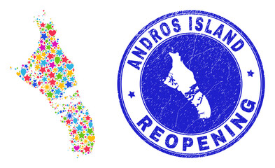 Celebrating Andros Island of Bahamas map mosaic and reopening rubber stamp. Vector mosaic Andros Island of Bahamas map is composed with randomized stars, hearts, balloons.