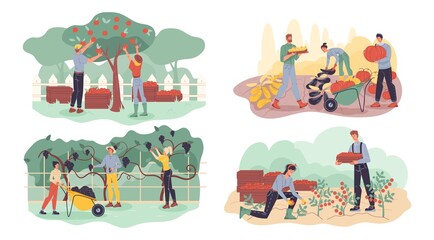 Naklejka premium Farmer gathering fruit, berry, vegetable harvest set. Garden agriculture horticulture autumn crop collection. Harvesting agrarian people doing farming job. Man woman working together in garden