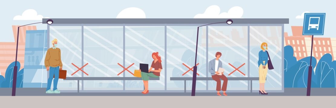 Diverse people wearing respiratory medical mask keep social distance stand at bus stop. Man woman maintain distancing to avoid spreading COVID-19 illness flu infection risk. Contactless normal life