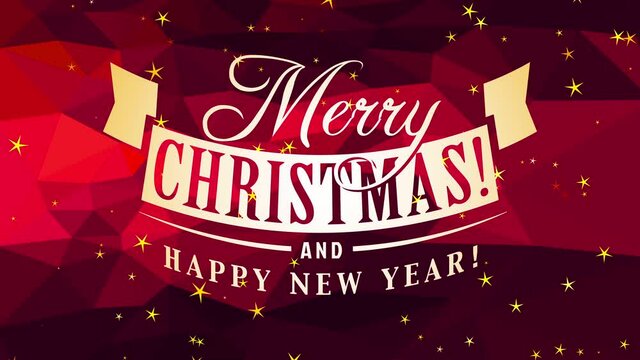 merry christmas and laughing new year postcard cover science with classic handwriting over ruby abstraction geometric pattern