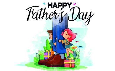 Happy Father's Day greeting card. Little girl and boy hugging their father.