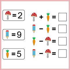 Worksheet. Mathematical puzzle game. Learning mathematics, tasks for addition  for preschool  children. worksheet for preschool kids - vector