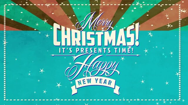 classic merry christmas and laughing new year mark with classic handwriting and layered scene with falling snowfall
