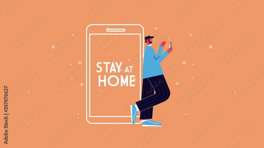 Poster man using smartphone working in home