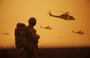 Military troops and helicopter on the way to the battlefield in sunset.